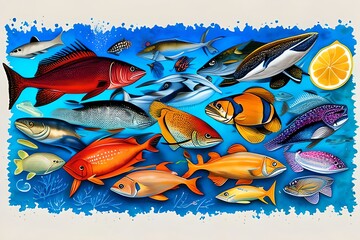 Wall Mural - Watercolor Illustration of Collection of oceanic and marine fish. Generative AI