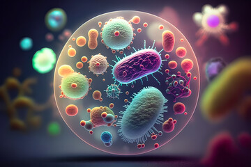 Wall Mural - Macro shot of different types of microbes, probiotics, gram positive bacteria. Virus cells and bacteria of various shapes on abstract background. Concept of science, medicine. Generative AI