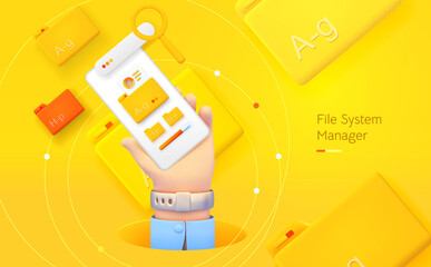 Fototapete - Search and classification of data. The hand is holding the phone. Mobile application for data analysis and accounting. File management. Electronic document management. Vector illustration 3d style