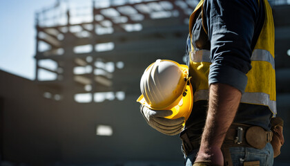 Construction worker holding his helmet while looking at construction site. Occupational Safety and Health (OSH) 