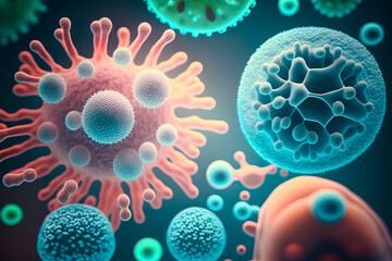 Wall Mural - Macro shot of different types of microbes, probiotics, gram positive bacteria. Virus cells and bacteria of various shapes on abstract background. Concept of science, medicine. Generative AI