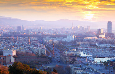 Wall Mural - Port and cityspace of Barcelona in early morning. Catalonia, Spain