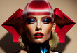 An elegant young woman poses dramatically in a luxurious headshot. She wears an angled futuristic haute couture headpiece and outfit, and pairs it with glamorous red hair and cosmetics. Generative AI.