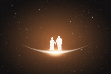 Old people walking. Loving couple silhouette. Glowing outline in space