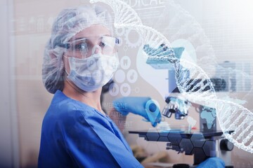 Wall Mural - research concept background with molecule dna and scientist