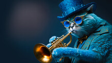 Funny Blue Cat Dressed As A Jazz Brass Musician Playing Trumpet With Copy Space, Generative Ai