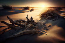 A Beach With Driftwood Scattered Across The Sand, Illuminated By The Light Of The Setting Sun - Generative AI