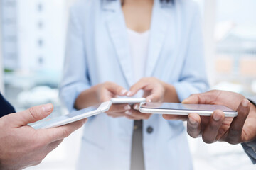 Poster - Business people, hands and phone for team networking, data share or syncing together in the city. Hand of group on mobile smartphone display for social media, app sync or sharing network information