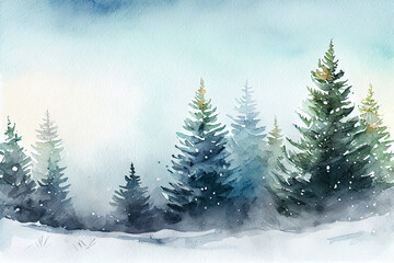 Wall Mural - Watercolor winter pine tree forest.generative ai