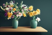 A Vase Filled With Lots Of Different Colored Flowers On A Table Top Next To A Wall With A Dark Background Behind It And A Green Vase With Flowers In It, And A Black Background. Generative AI