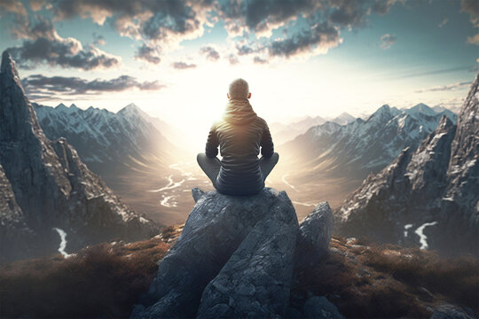 meditation, person sitting on the back landscape sacred geometry, law of attraction, consciousness r