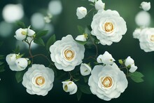 White Bush Roses On A Background Of Blue Sky In The Sunlight. Beautiful Spring Or Summer Floral Background. Generative AI
