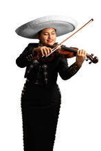 Female Mexican Mariachi Woman Playing Violin Traditional Mariachi Girl Suit On A Pure White Background. Good Looking Latin Hispanic Musician Feminine Mariachi Violinist With Hat