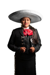 Wall Mural - female mexican mariachi woman smiling using a traditional mariachi girl suit on a pure white background. good looking latin hispanic musician feminine mariachi wearing a mexican white hat or sombrero