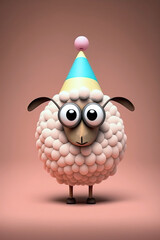Wall Mural - Cute Cartoon Birthday Sheep Wearing a Party Hat (Generated with AI)