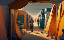 Back View Of Unrecognizable Woman Wearing Anorak With Hat Walking Between Temporal Tent Homes In A Refugee Camp. Migrants Difficulties Concept. Generative AI.