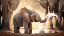 A Playful Baby Elephant Spraying Water From Its Trunk In A Watering Hole, With The Rest Of The Herd Nearby, Illustration - Generative AI