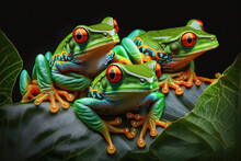 A Group Of Red Eyed Tree Frogs Perched On A Vibrant Green Leaf, Their Striking Red Eyes Glowing In The Dark - Generative AI