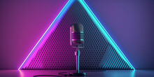 Abstract Blue Pink Neon Banner With Retro Microphone. 
3d Background  Or Wallpaper Design For Header, Website Or Streamer On Twitch Or Youtube.