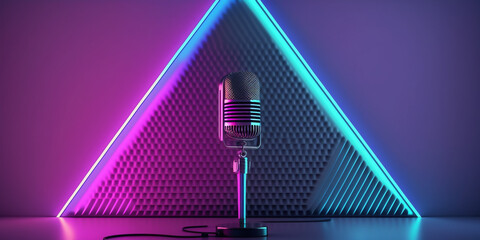 abstract blue pink neon banner with retro microphone. 3d background or wallpaper design for header, 