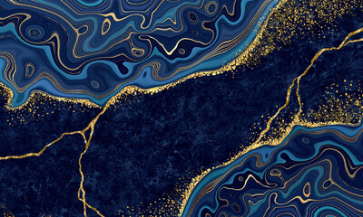 Wall Mural - abstract blue gold background, artificial texture of marble and agate, creative japanese kintsugi effect, decorative marbling wallpaper