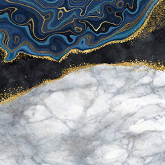 Wall Mural - abstract background of decorative marbling, artificial stone texture, blue agate white marble and gold glitter foil, marbled surface wallpaper