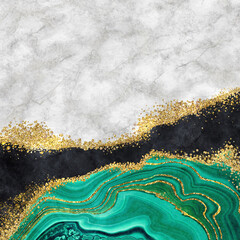 Wall Mural - abstract background, artificial stone texture, green agate black obsidian white marble and gold glitter foil, modern marbled wallpaper