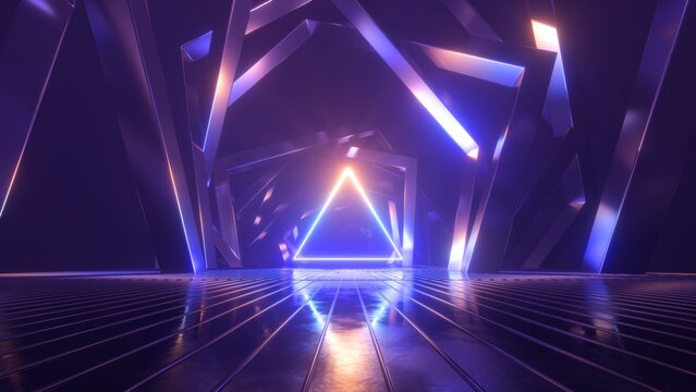 Wall Mural -  - 3d render, abstract geometric background with neon triangle. Laser linear shape glowing in the dark