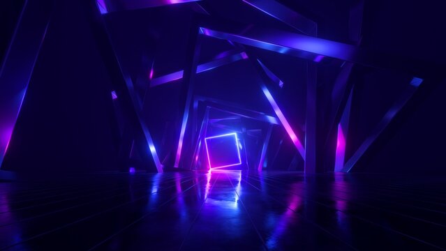 Wall Mural -  - 3d render, abstract geometric neon background with glowing square frame. Laser linear shape inside the dark tunnel