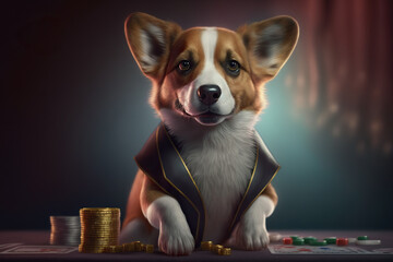 cute dog as a croupier in the casino on colored backgr, concept of humor and gambling, created with 