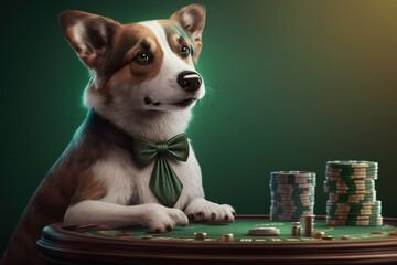 cute dog as a croupier in the casino on colored backgr, concept of humor and gambling, created with 