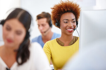 Poster - Theyre always available. Cropped shot of colleagues working in a call center.