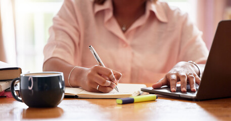 Poster - Writing, planning and woman hands on laptop for online course, remote university education and research. Young person or gen z student on computer and notebook for creative notes, ideas and elearning