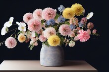 A Bunch Of Flowers That Are In A Vase On A Table With A Black Background And A Blue Border Around The Edges Of The Picture And Bottom Half Of The Flowers Are In The Middle Of The. Generative AI