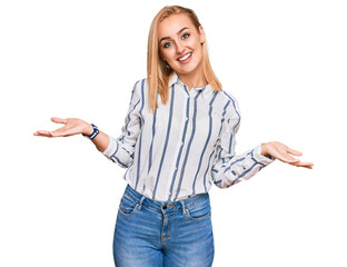 Wall Mural - Beautiful caucasian woman wearing casual clothes smiling showing both hands open palms, presenting and advertising comparison and balance