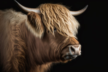 Canvas Print - Scottish highland cattle close up. Side view of big brown hairy cow. Generative AI