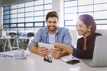 Poster - Collaboration, tablet and man with woman in reading email in creative office sharing idea or opinion at meeting. Teamwork, planning and happy employees in discussion at tech startup or design agency.