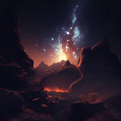 Wall Mural - Planet mountain landscape with galaxy and stars in space above. Abstract cosmos background. Sci-fi. Generative AI 