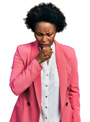 Canvas Print - African american woman with afro hair wearing business jacket feeling unwell and coughing as symptom for cold or bronchitis. health care concept.