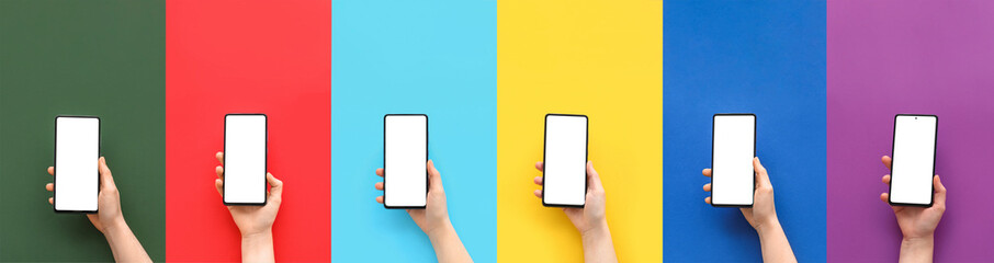 Collage of hands with modern mobile phones on color background