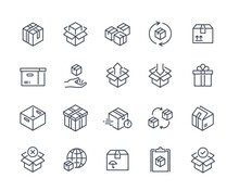 Set Of Simple Linear Icons Of Boxes. Open And Closed Boxes, Parcels And Packages For Delivery And Shipping. Export Of Cargo And Goods. Cartoon Flat Vector Collection Isolated On White Background