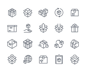 set of simple linear icons of boxes. open and closed boxes, parcels and packages for delivery and sh