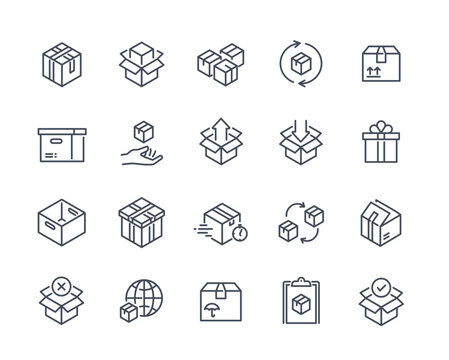 set of simple linear icons of boxes. open and closed boxes, parcels and packages for delivery and sh
