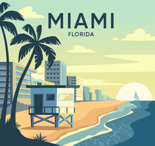 Miami Florida Street. Retro Poster With Miami Beach, American Architecture, Ocean And Silhouette Of Palm Trees. Modern Buildings And Coastline. Tourism And Travel. Cartoon Flat Vector Illustration