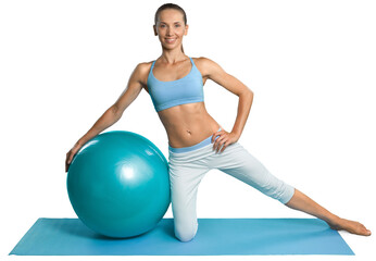 Young woman training with Fitness Ball on white background