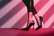 © Golden_hind - Beautiful woman legs wearing black high heels on pink background. Generative AI
