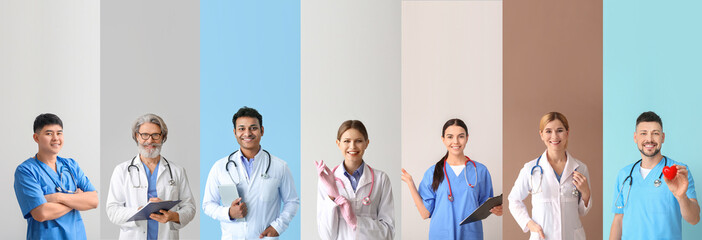 Wall Mural - Collage with many doctors on color background