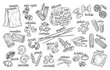 Italian Pasta Sketch Set. Icons With Different Type Of Macaroni. Hand Drawn Cooking Ingredients. Spaghetti, Fettuccine, Ravioli, Farfalle. Cartoon Linear Vector Collection Isolated On White Background