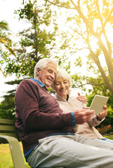 Sticker - Video call, park and senior couple with a tablet for communication, 5g internet and a movie. Nature, hug and elderly man and woman with technology for social media and reading an email in Argentina