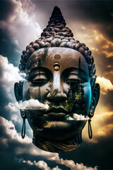 Wall Mural - Meditating buddha head statue in the sky, Generative AI